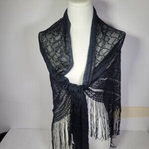 English Village Vintage Black Lace Shawl With Fringe